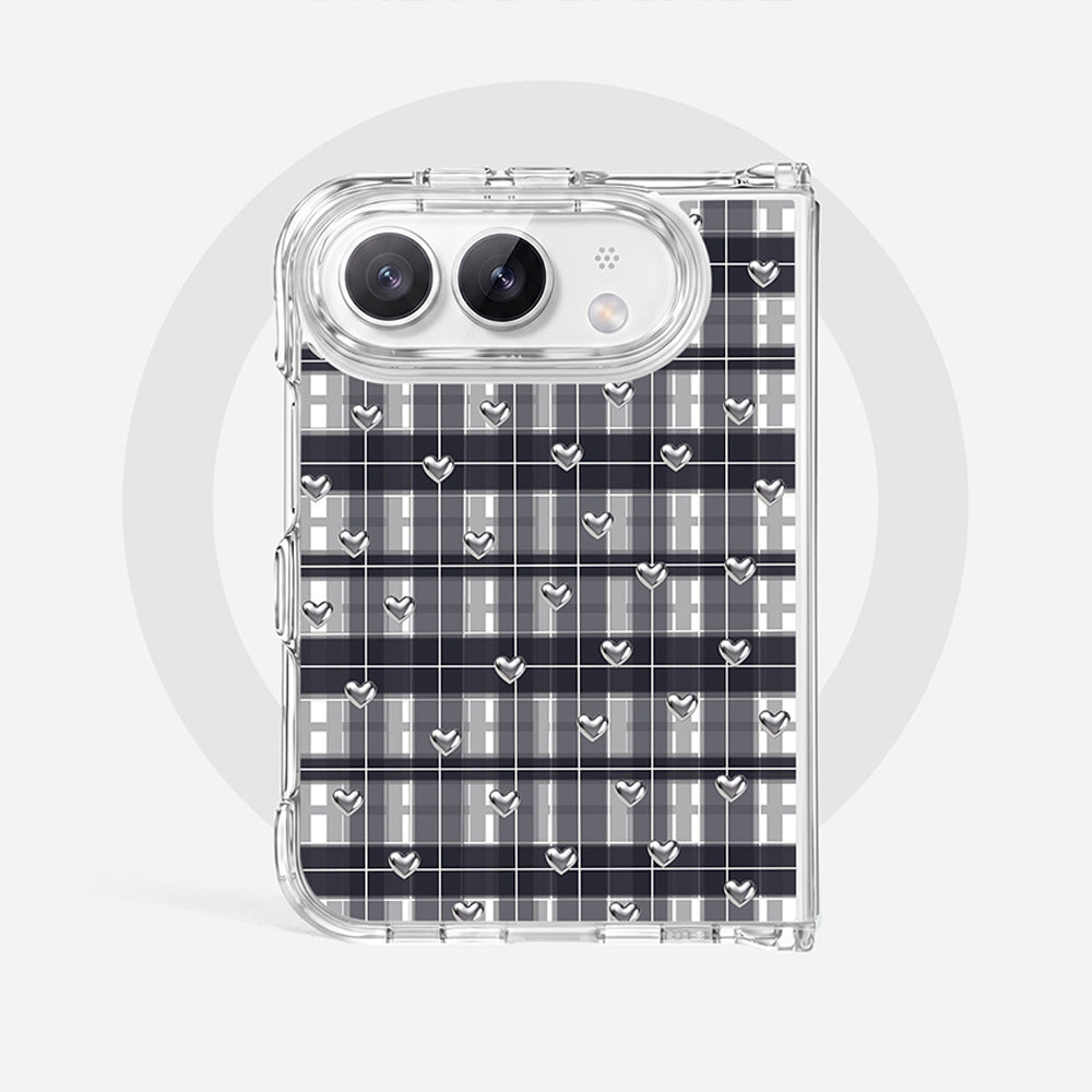 Clear iPhone case with gray plaid pattern and silver heart details