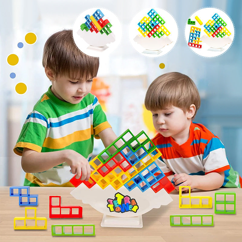 Colourful Tetris-style blocks arranged on a white balancing stand