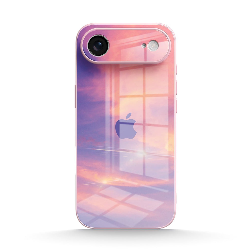 Pink translucent iPhone case with sunset window design