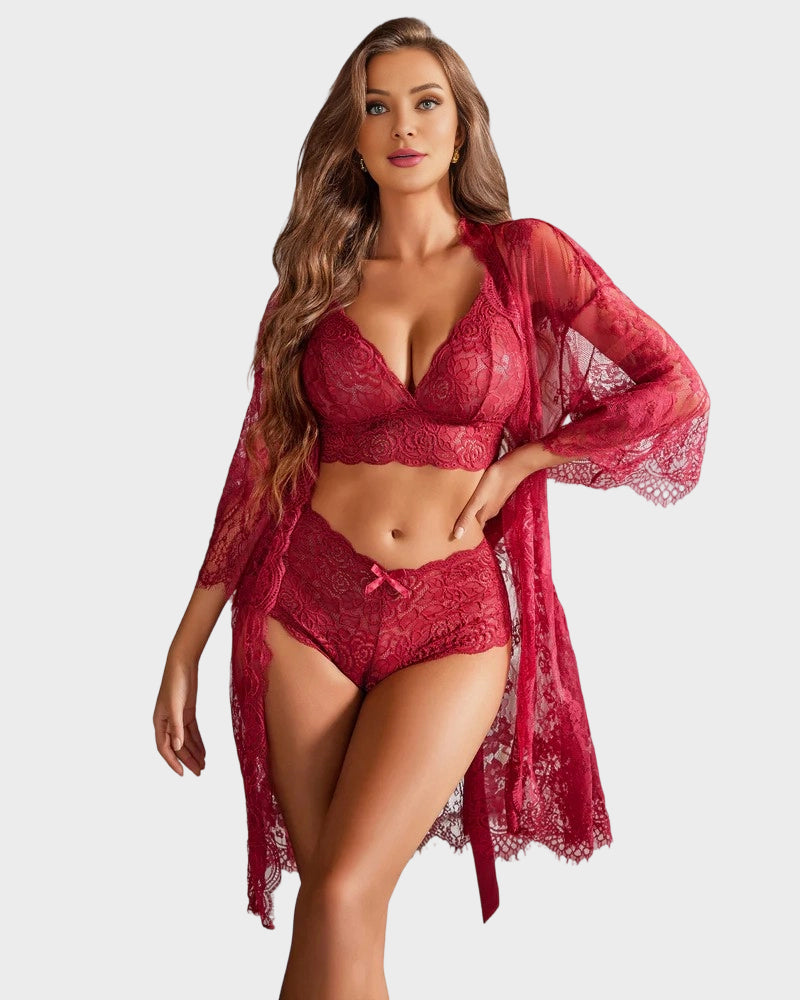 Three-piece floral lace lingerie set with bra briefs and sheer robe