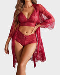 Three-piece floral lace lingerie set with bra briefs and sheer robe