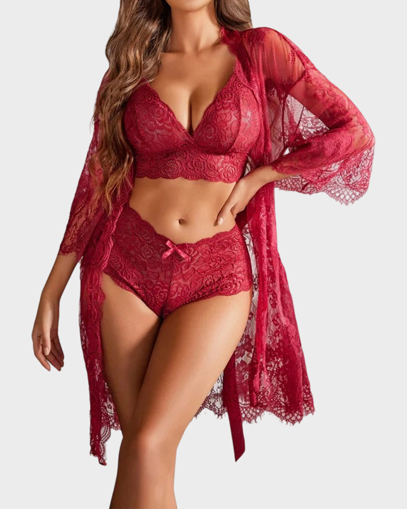 Three-piece floral lace lingerie set with bra briefs and sheer robe