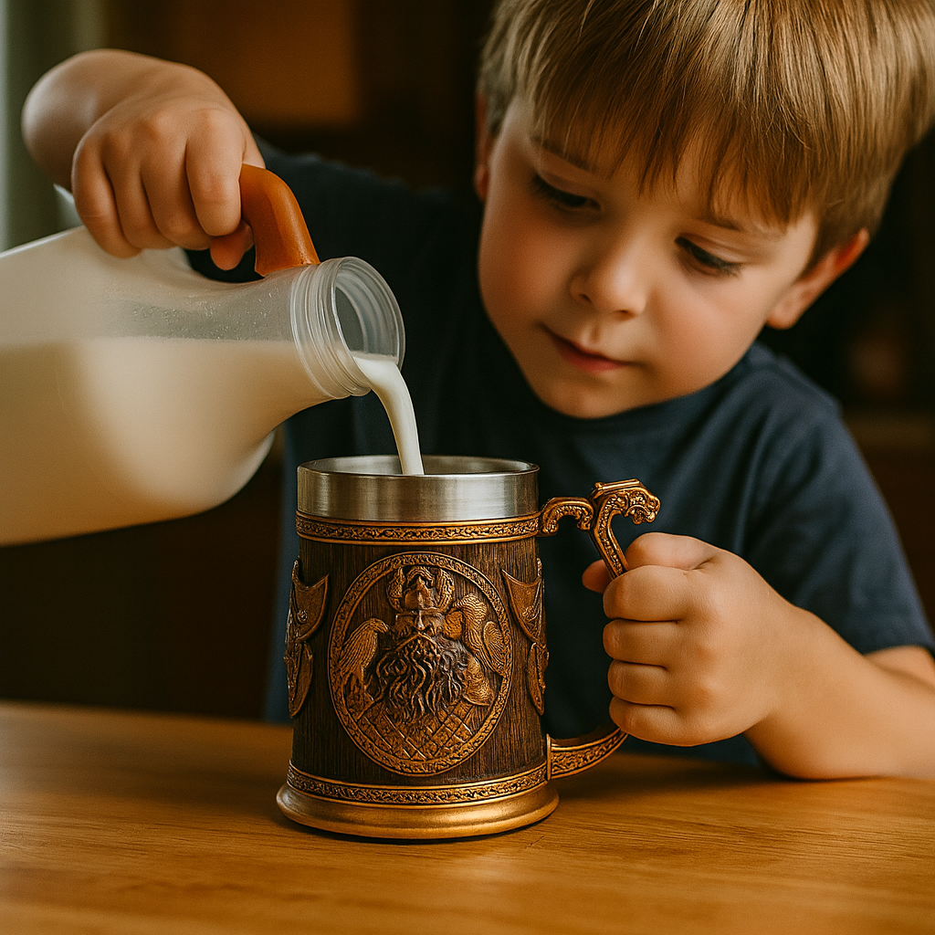 Bronze decorative Viking tankard with embossed warrior portrait and ornate handle
