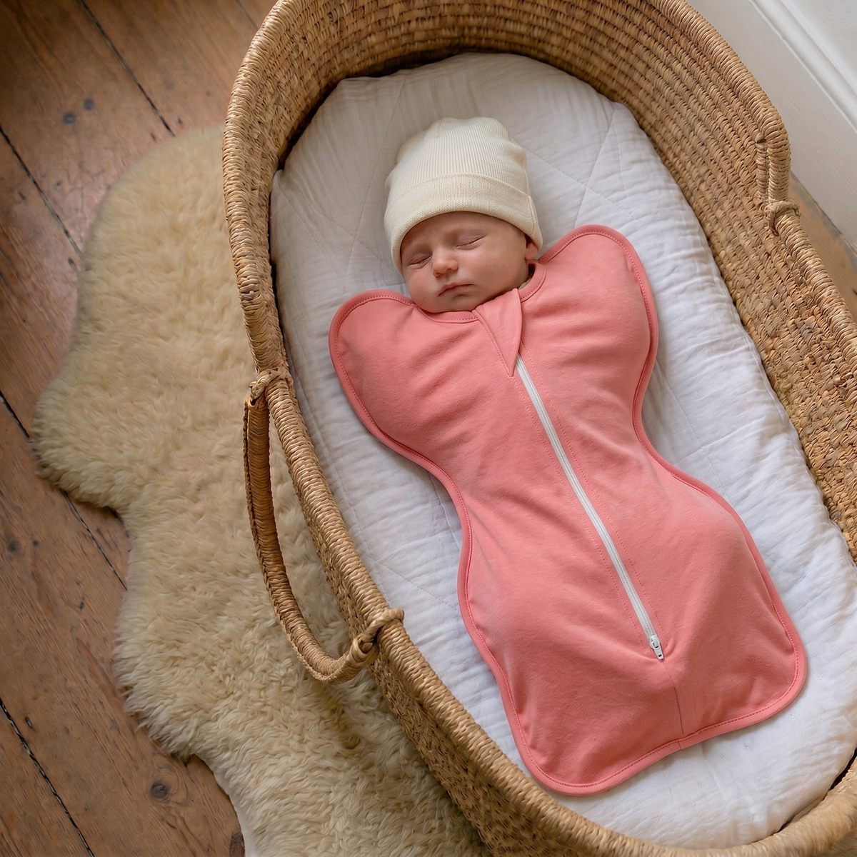 Baby swaddle sleep sack with full-length front zip