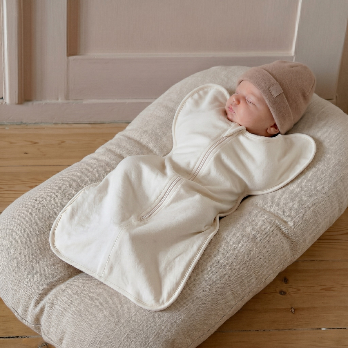 Baby swaddle sleep sack with full-length front zip