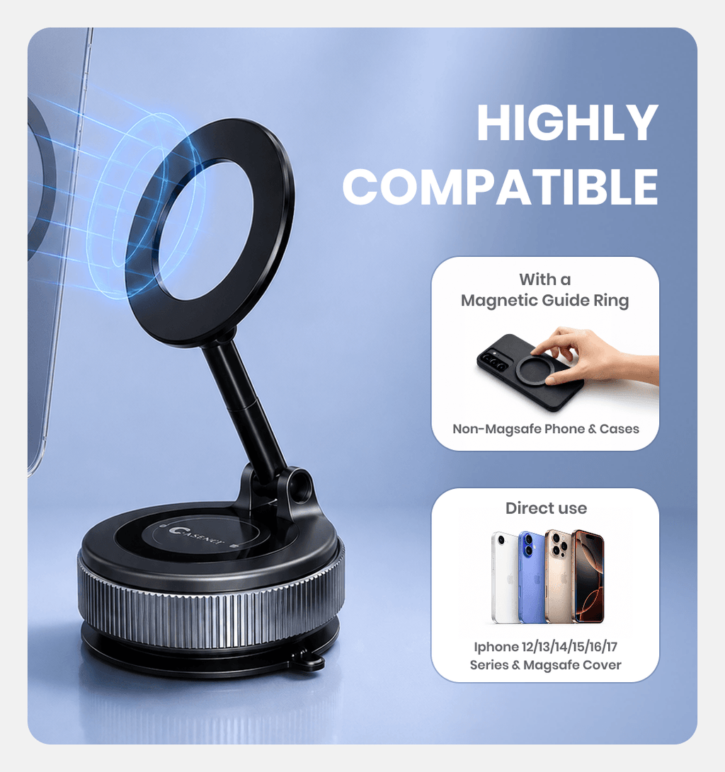 Black foldable magnetic phone holder with rotating ring and round base