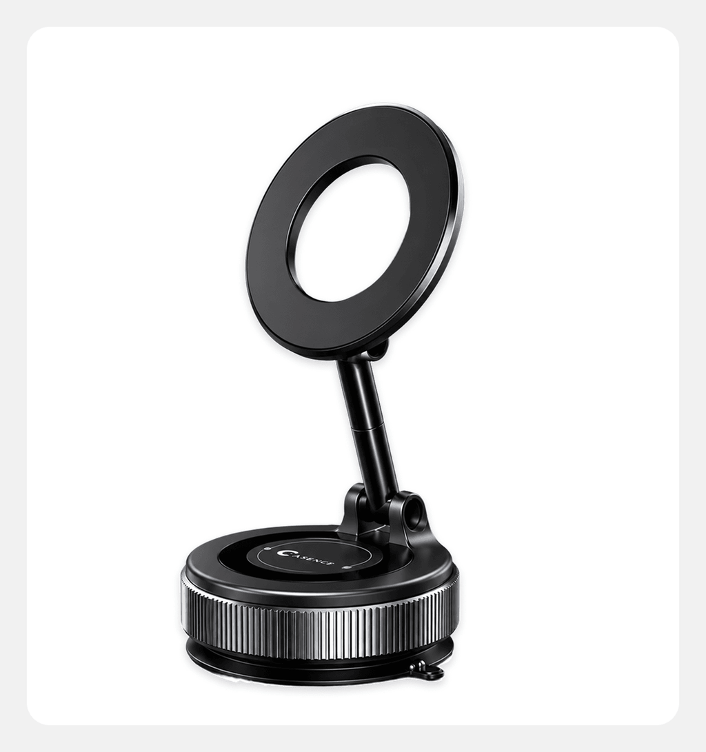 Black foldable magnetic phone holder with rotating ring and round base