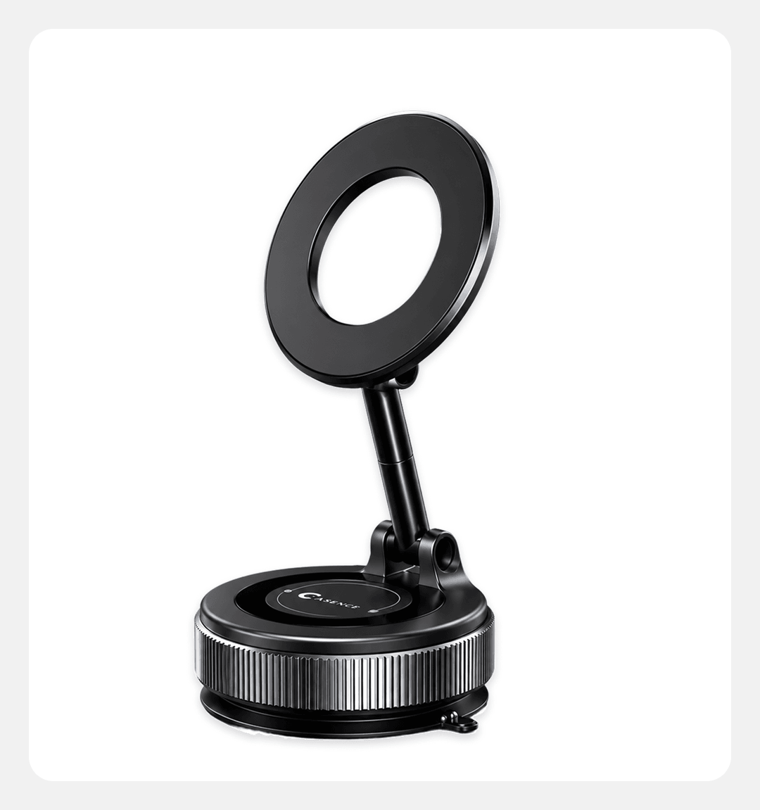 Black foldable magnetic phone holder with rotating ring and round base