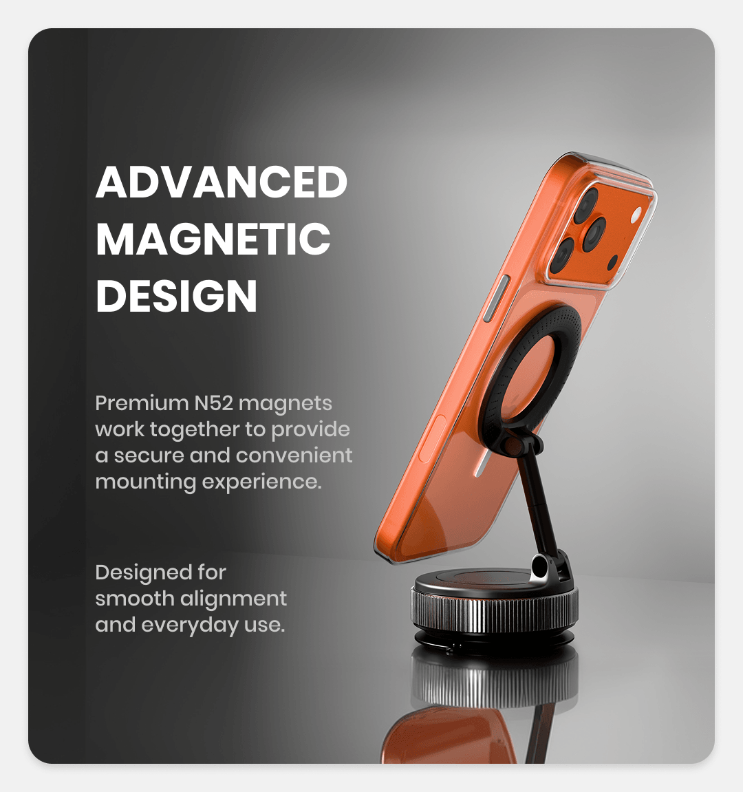 Black foldable magnetic phone holder with rotating ring and round base