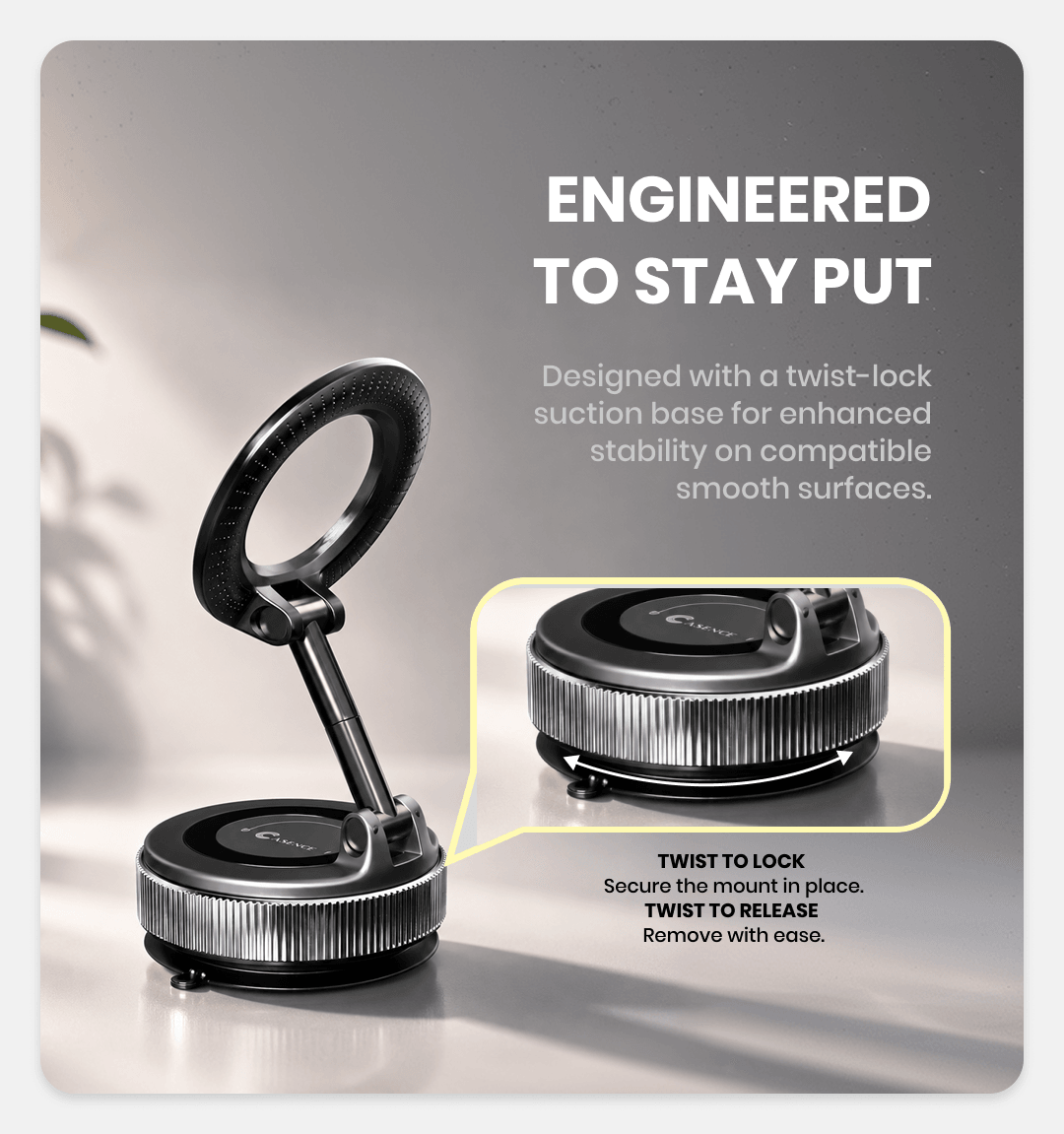 Black foldable magnetic phone holder with rotating ring and round base