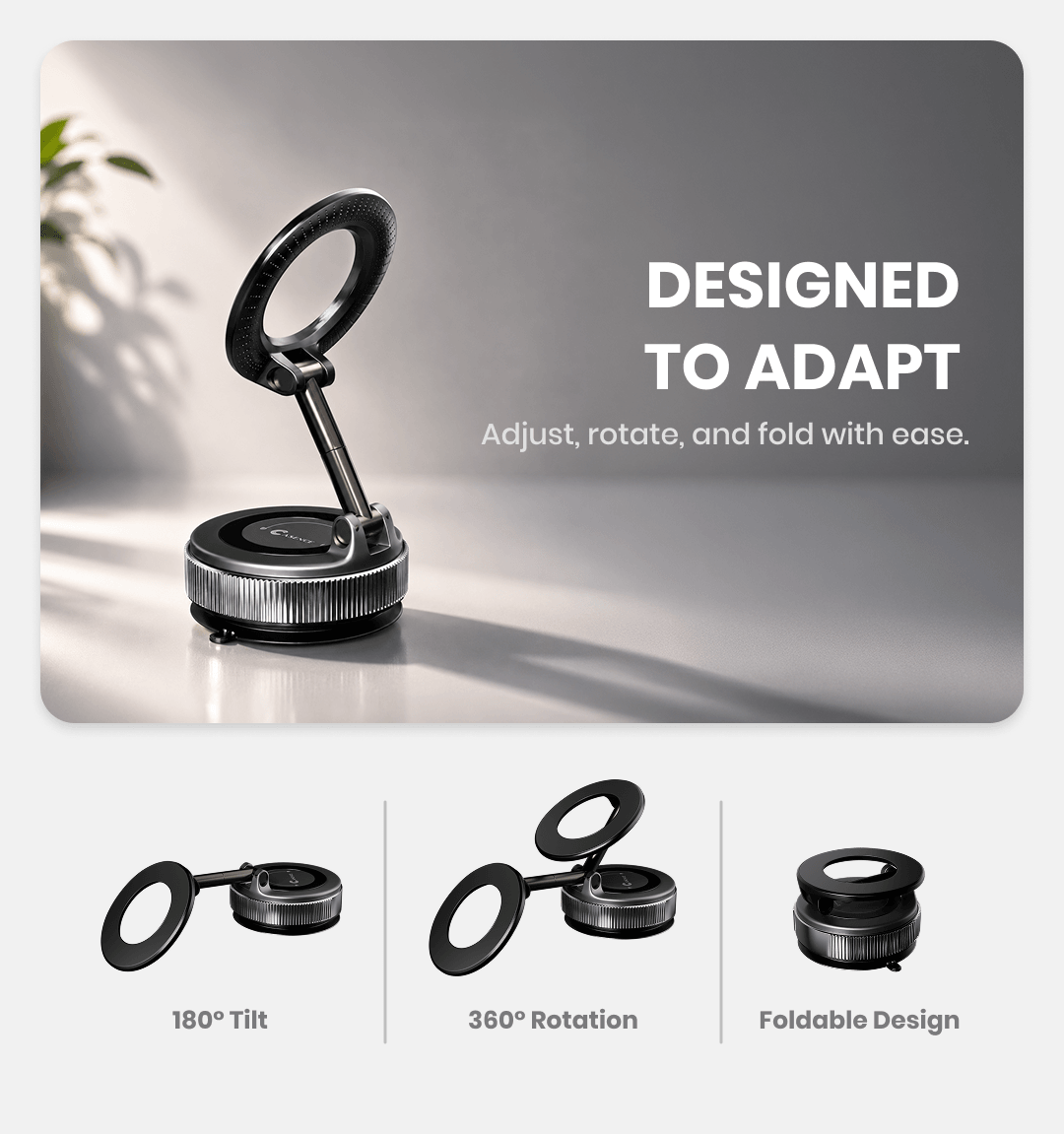 Black foldable magnetic phone holder with rotating ring and round base