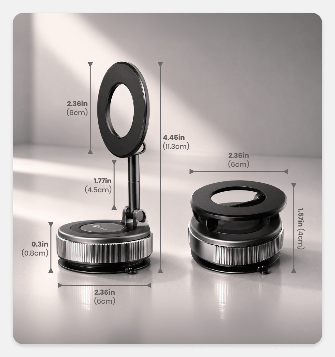 Black foldable magnetic phone holder with rotating ring and round base