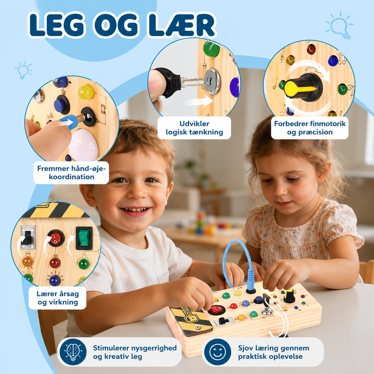 Wood-effect children's activity board with colourful lights, switches, buttons, knobs and keys