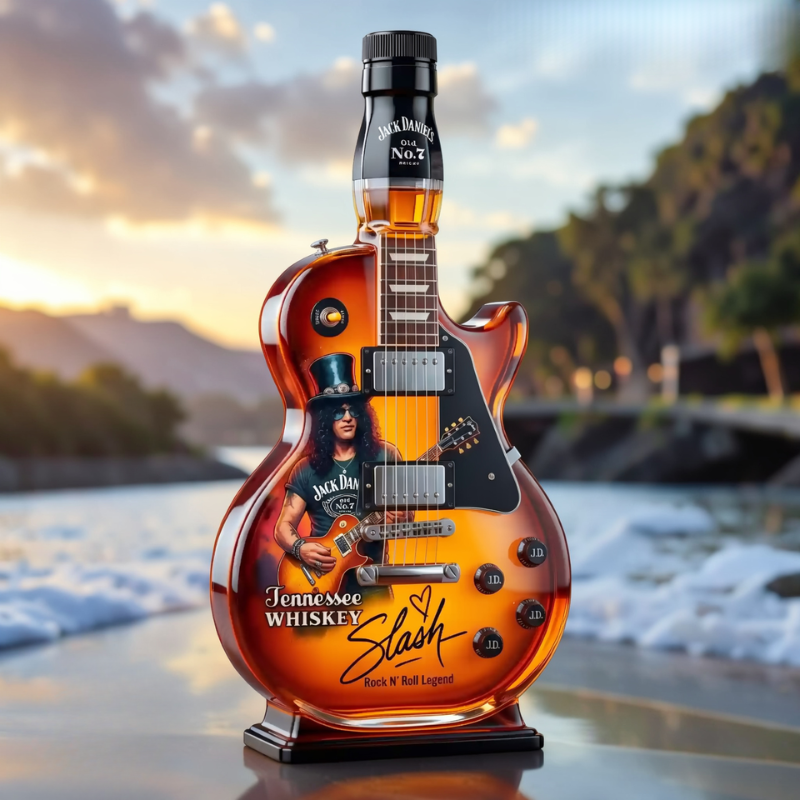Guitar-shaped amber-toned decorative decanter with rock design and black display base