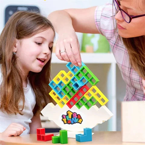 Colourful Tetris-style blocks arranged on a white balancing stand