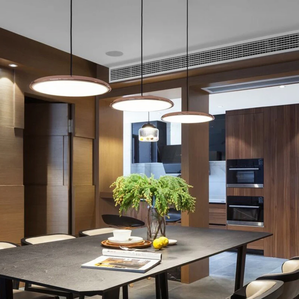 Scandinavian pendant ceiling light with a slim disc shade and suspended cord