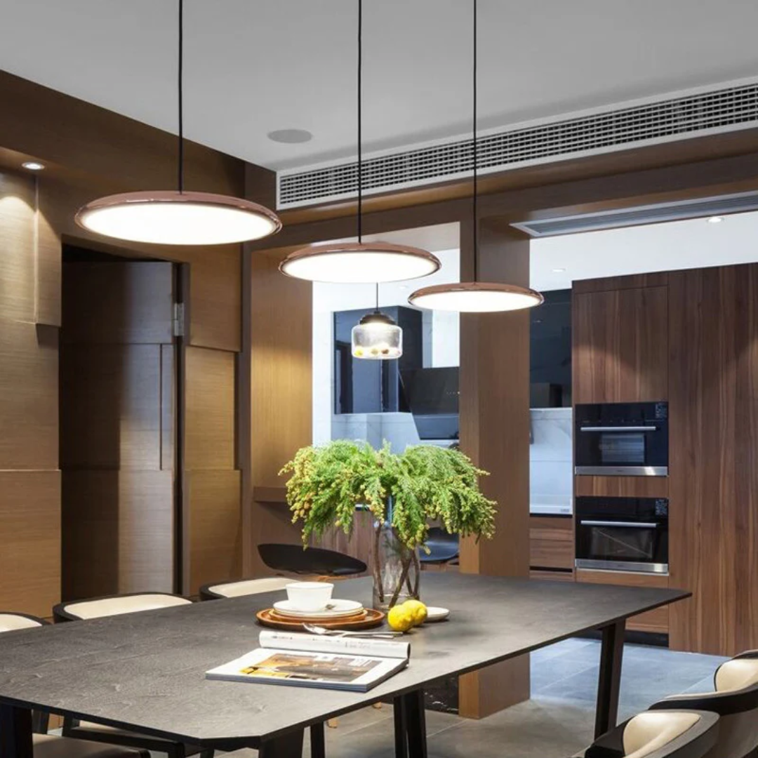 Scandinavian pendant ceiling light with a slim disc shade and suspended cord