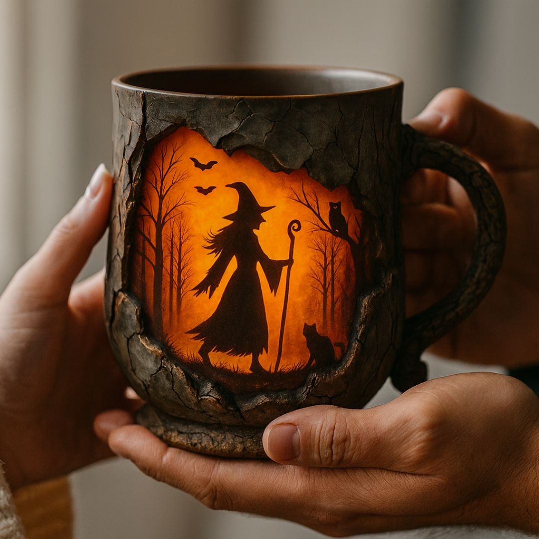 Halloween mug with textured bark-effect finish and witch scene