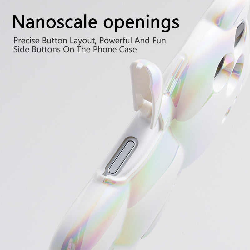 Pink iridescent bear-shaped iPhone case with raised camera cutouts
