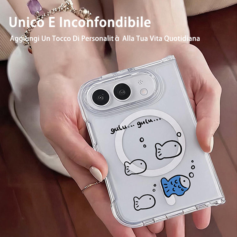 Clear iPhone case with gray plaid pattern and silver heart details