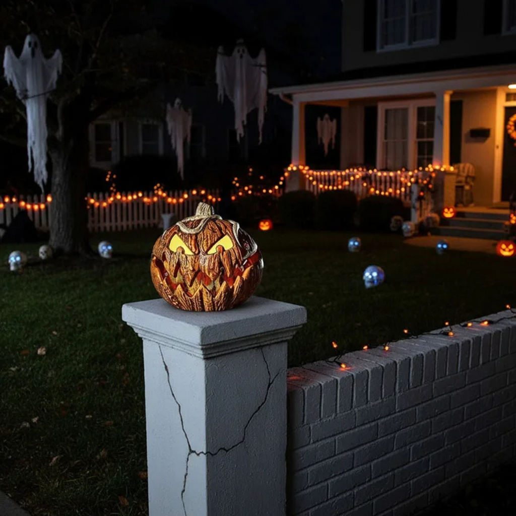 Brown carved Halloween pumpkin lantern with a glowing flame design