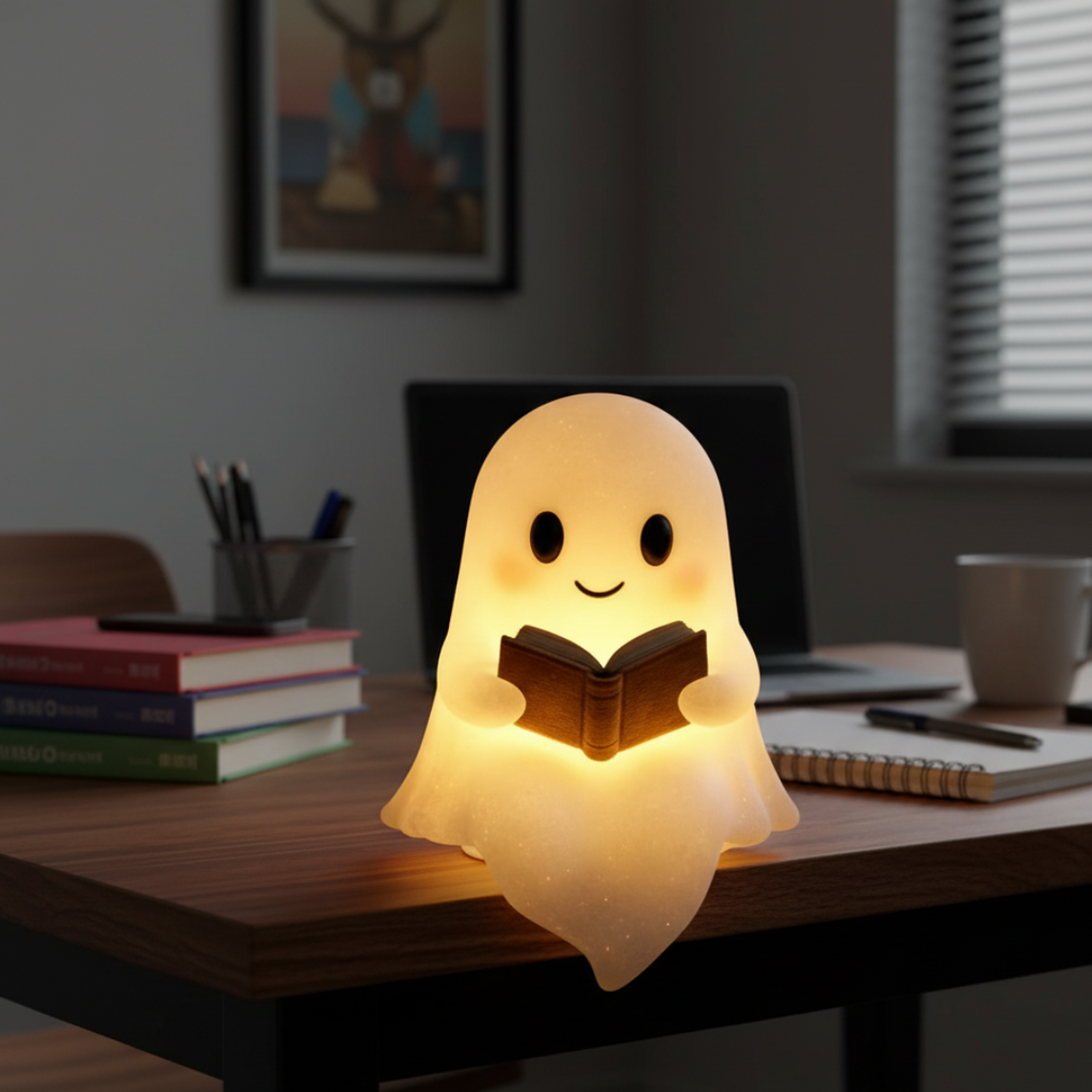 Glowing ghost table lamp holding an open book