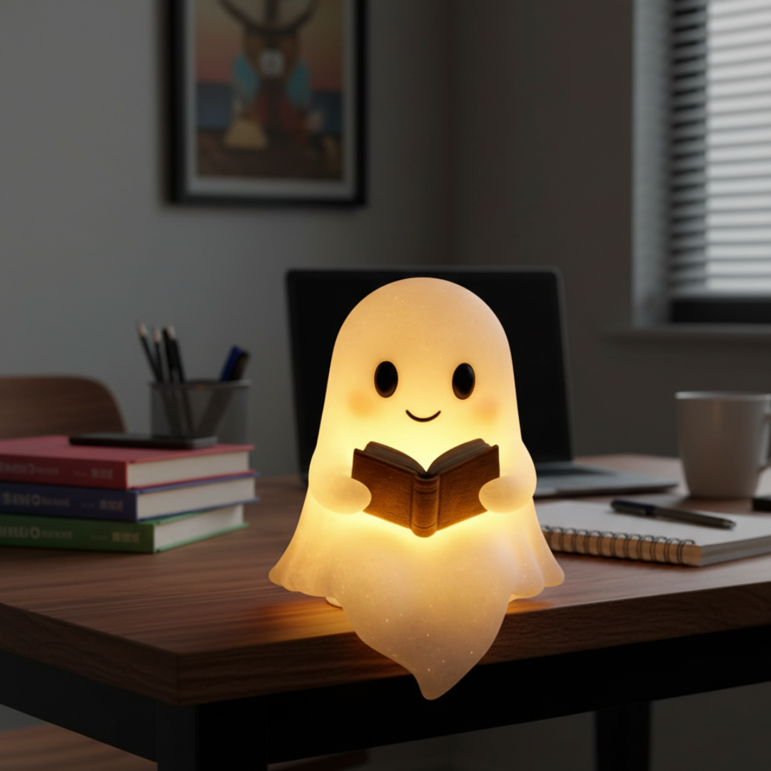 Glowing ghost table lamp holding an open book