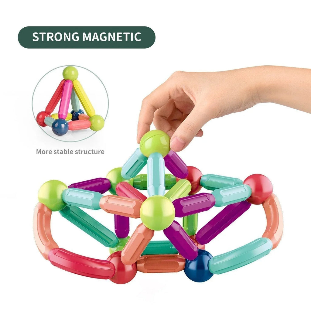 Colourful magnetic building blocks with connecting pieces and storage box