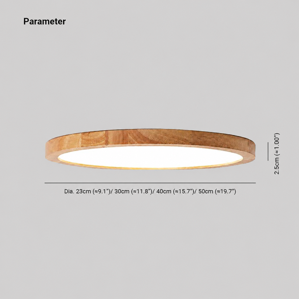 Round slim ceiling light with a natural wood-effect ring and white diffuser