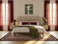 Upholstered bed frame with textured padded headboard and wood legs