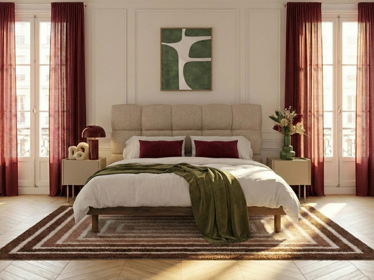Upholstered bed frame with textured padded headboard and wood legs
