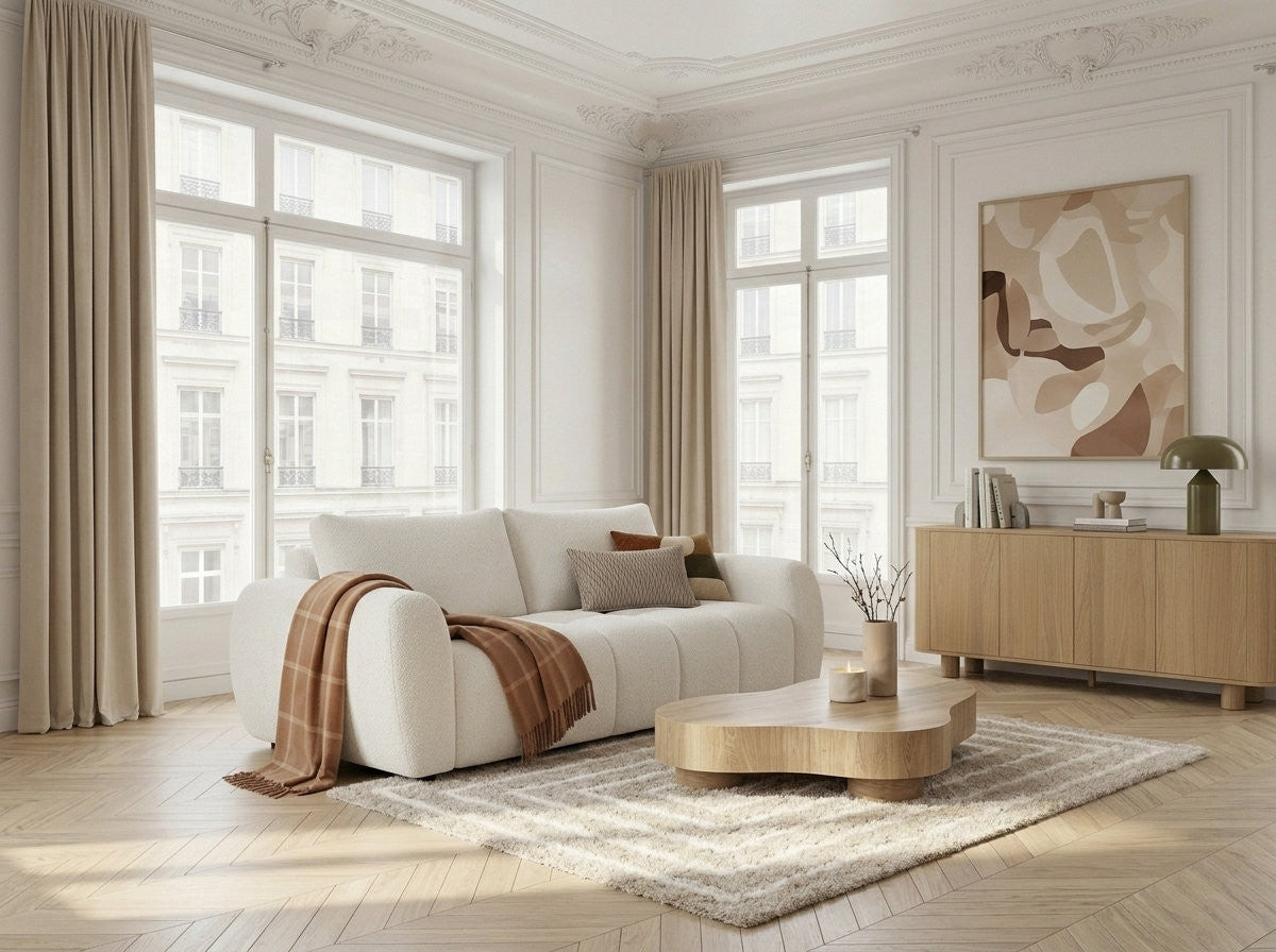 Three-seater upholstered sofa bed with rounded arms in a living room