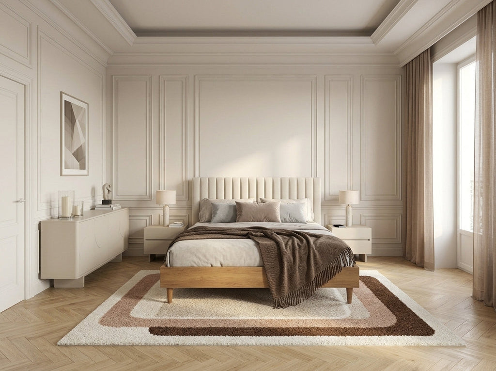 Upholstered bed frame with vertically channelled headboard