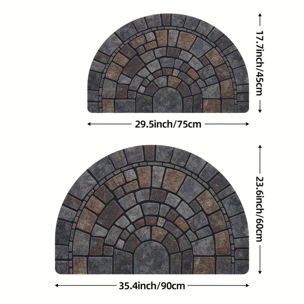 Half-circle gray geometric mosaic door mat at an entryway