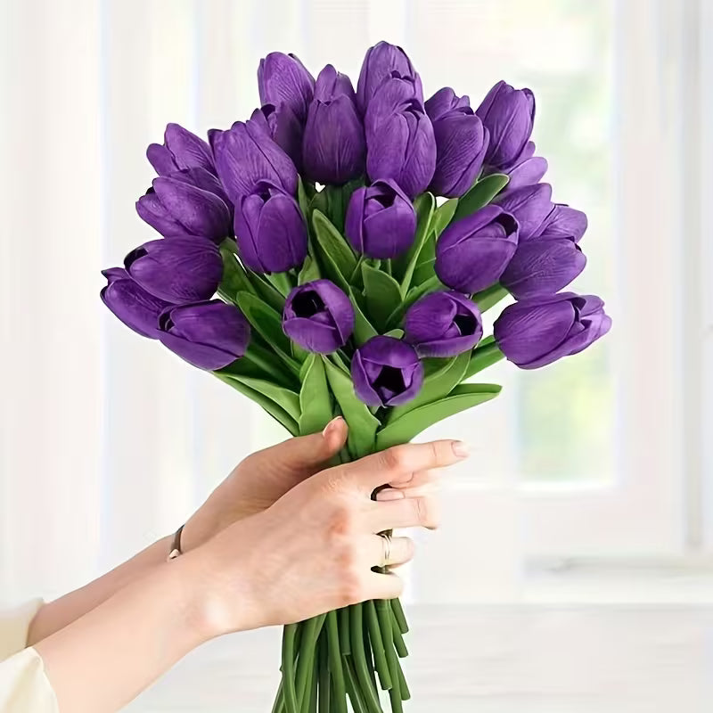 Artificial tulip bouquet with green stems and leaves