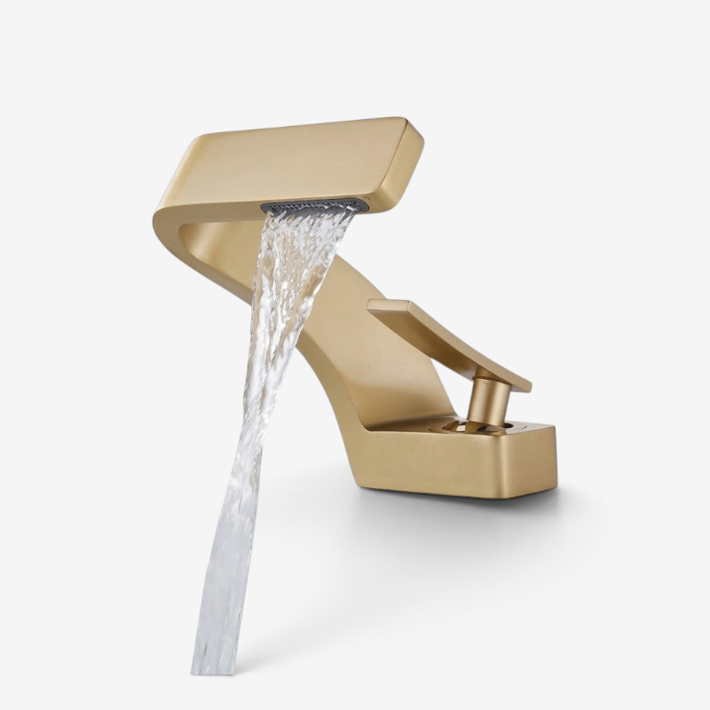 Curved bathroom basin faucet with waterfall-style spout and single lever