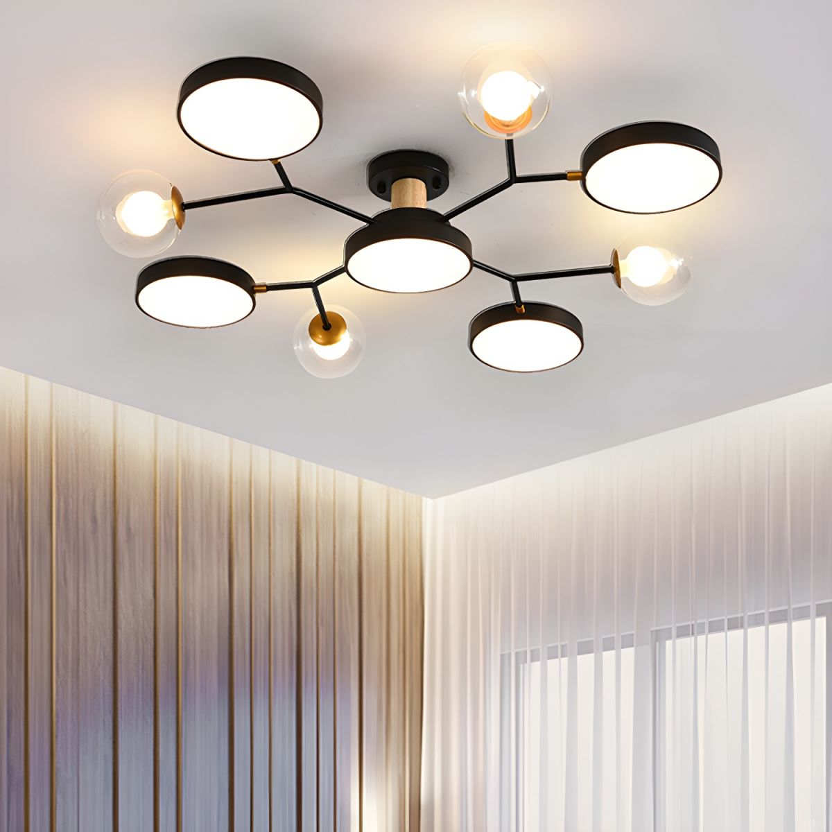 Circular multi-arm LED semi flush ceiling light with glass globes