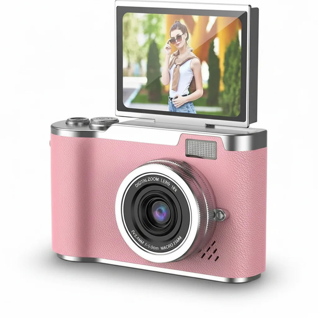 Compact digital camera with flip screen, front lens and built-in flash