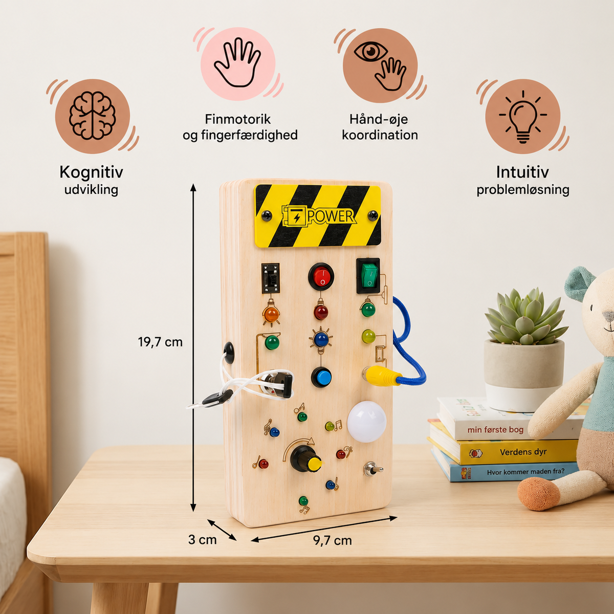 Wood-effect children's activity board with colourful lights, switches, buttons, knobs and keys
