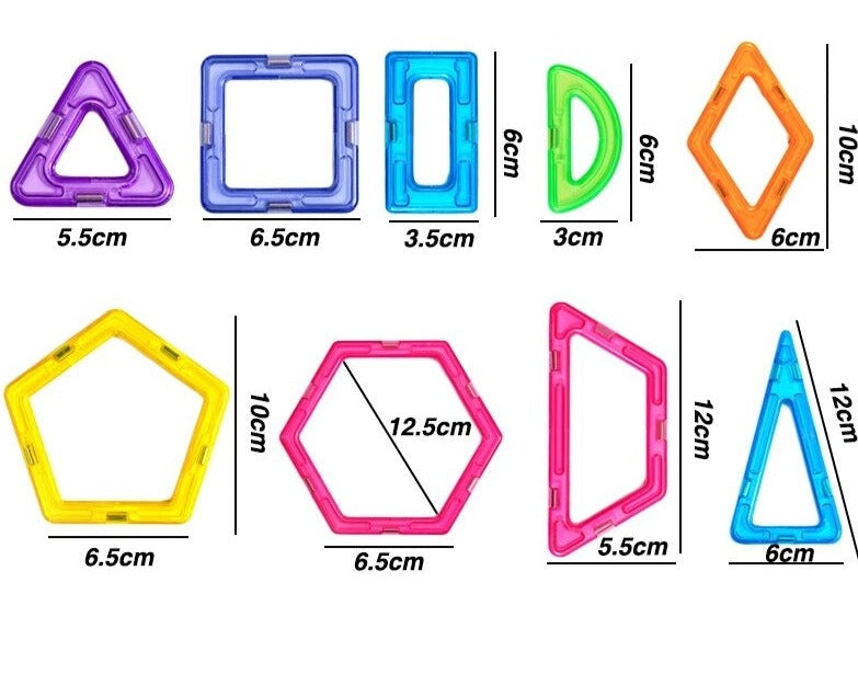 Colourful magnetic building tiles arranged into houses, towers and vehicles