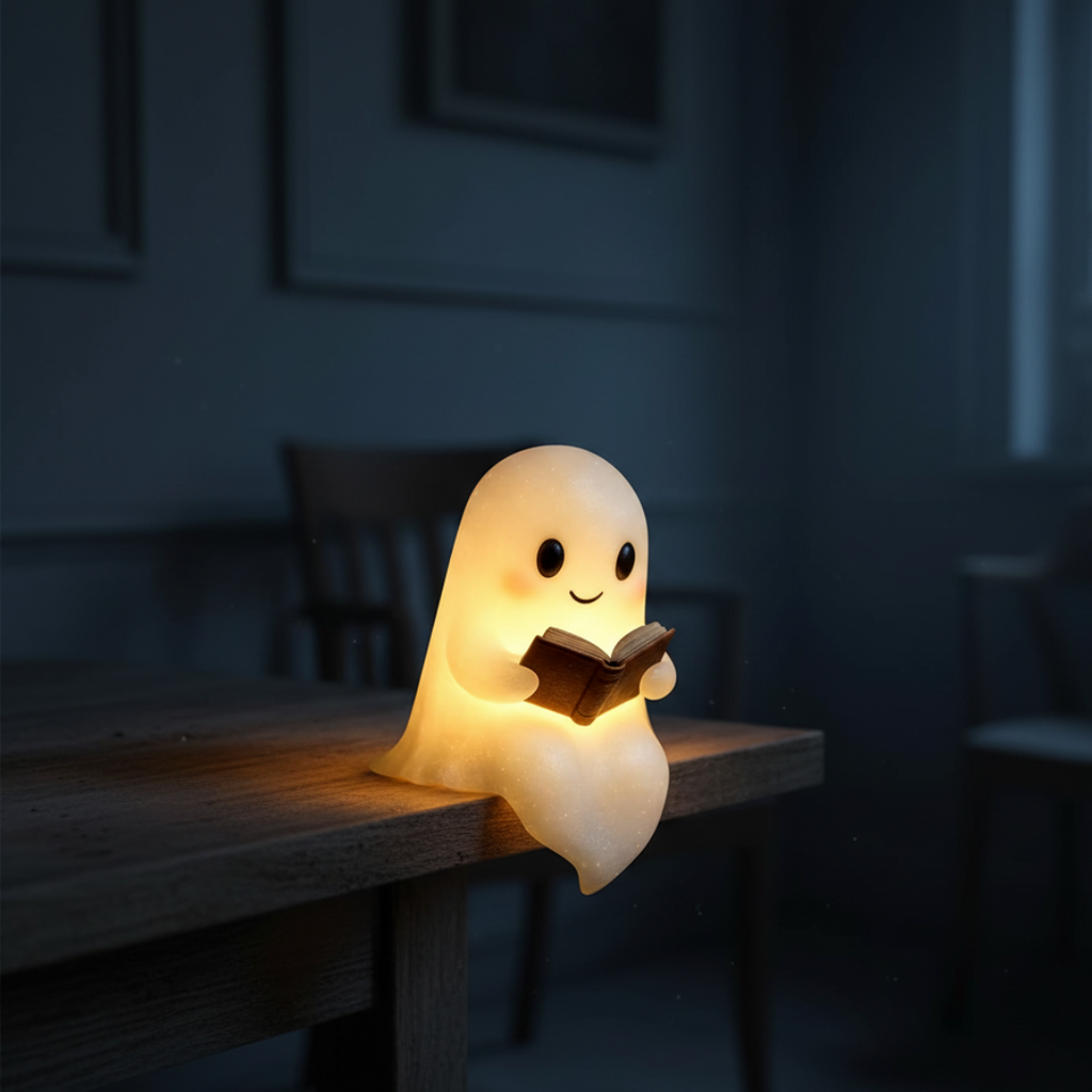 White ghost-shaped table lamp with a warm glow and an open book design