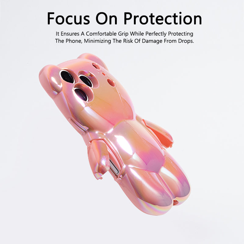 Pink iridescent bear-shaped iPhone case with raised camera cutouts