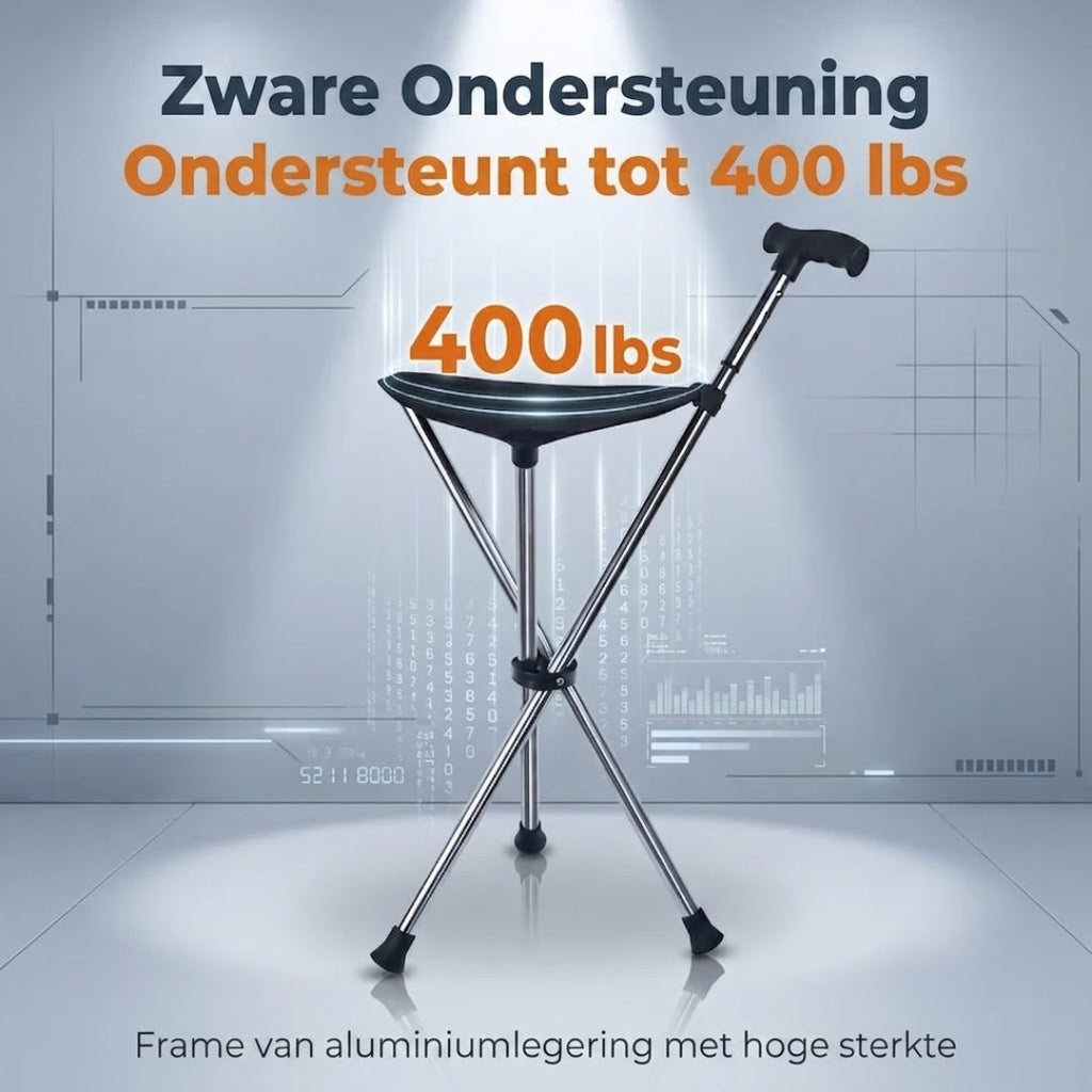 Folding walking cane with built-in seat and rubber feet