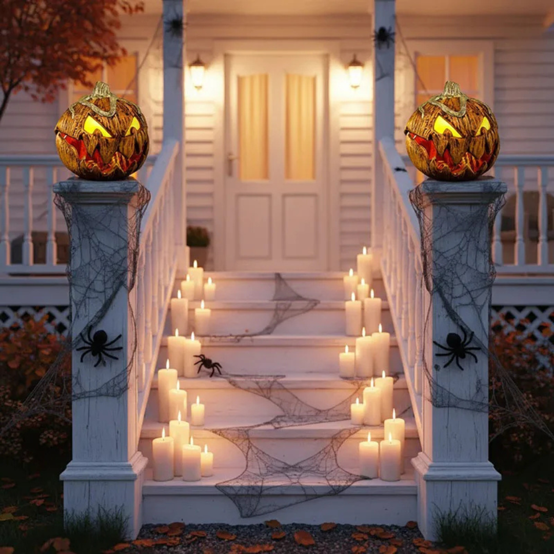 Brown carved Halloween pumpkin lantern with a glowing flame design