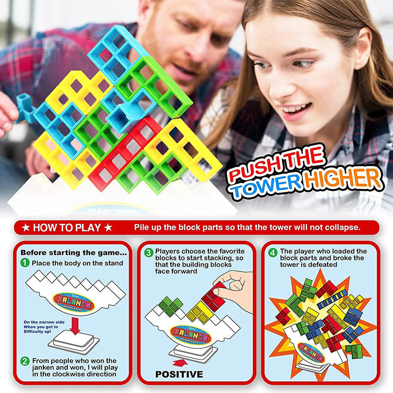 Colourful Tetris-style blocks arranged on a white balancing stand