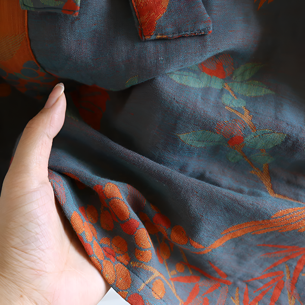 Floral wrap bathrobe with tie waist, pockets and contrast trim