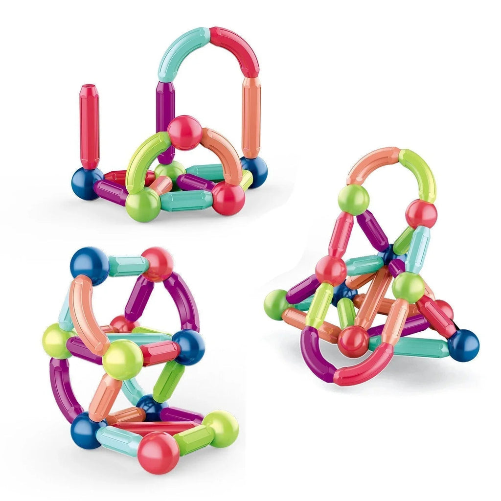 Colourful magnetic building blocks with connecting pieces and storage box