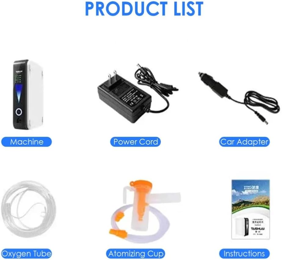 White and black portable oxygen concentrator with oxygen tube, mask and power accessories