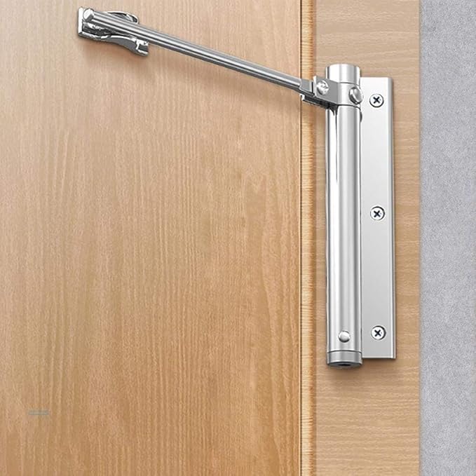 Surface-mounted door closer with vertical body and connecting arm