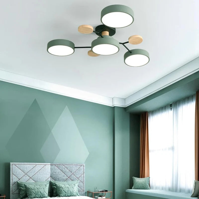 Round semi-flush LED ceiling light with branching frame and wood-effect accents